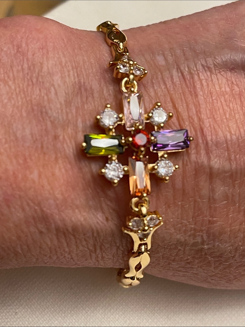 Gold Multicolor Gemstone Cross Gold Bracelet -
